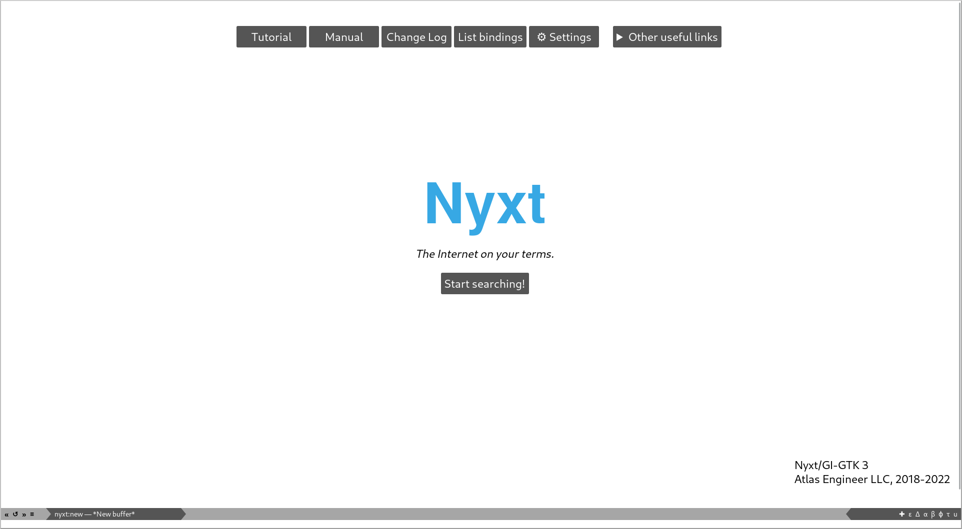 The redesigned start page on Nyxt.